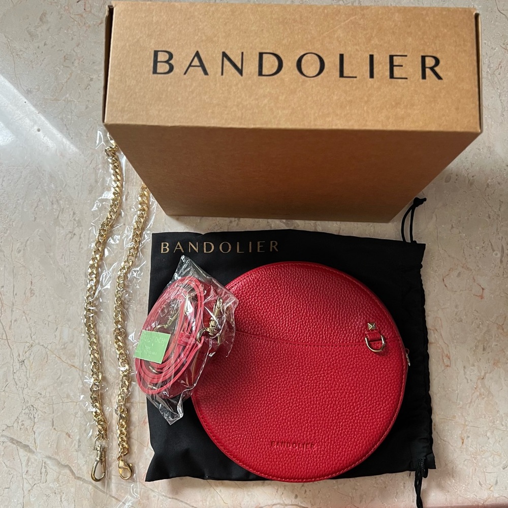 Bandolier Red Round Crossbody Bag with Gold Chain